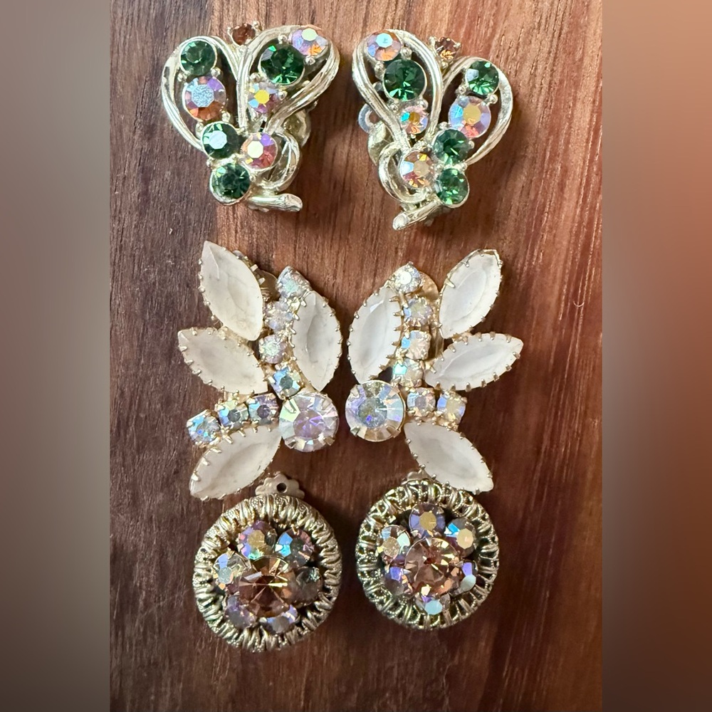 Lot of 3 Vintage Gold and Green Rhinestone Earrings Frosted Clip On Gold Tone